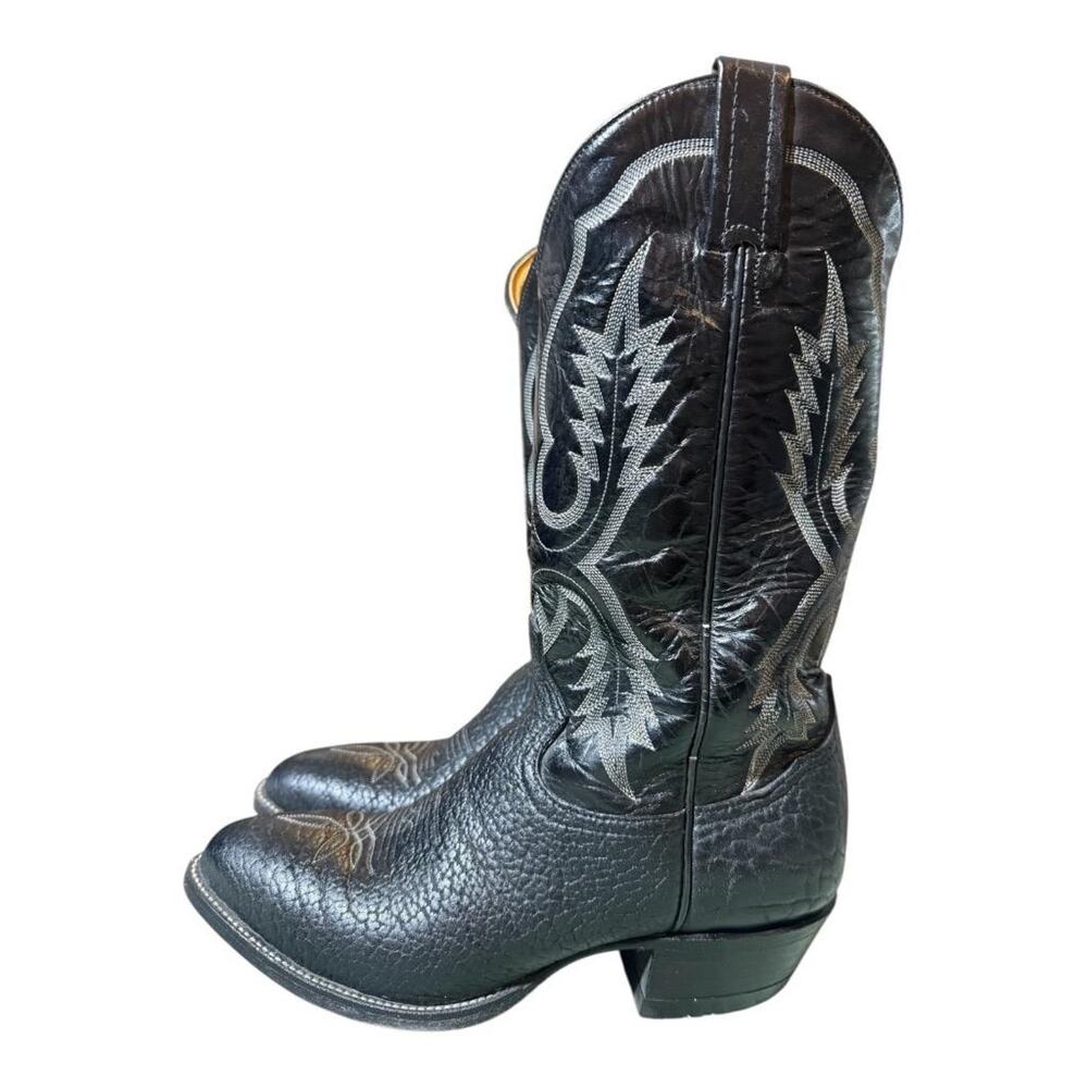 Vintage Tony Lama Black Bullhide Western Cowboy Boot men size 8 D